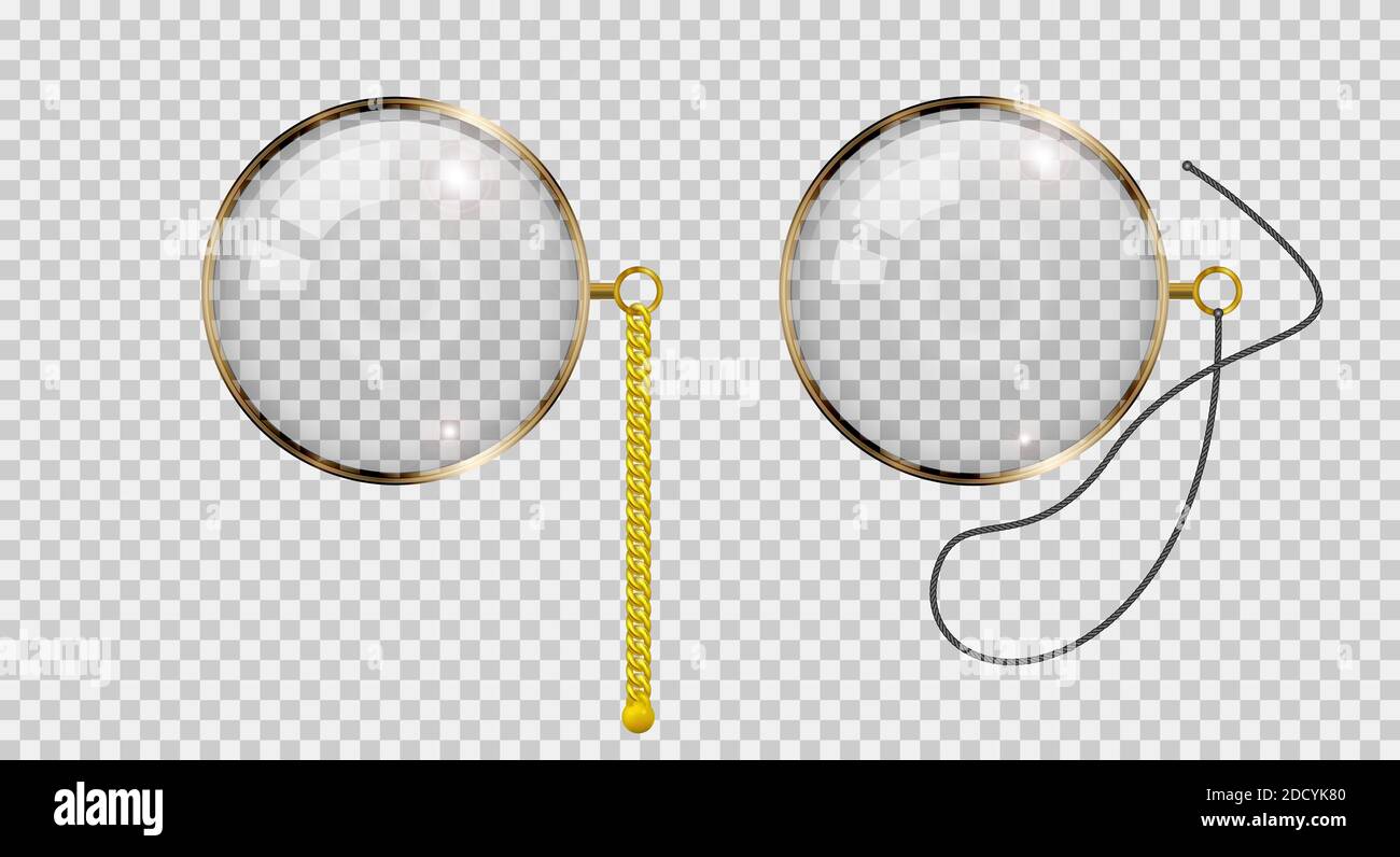 Gold monocle on chain and lace. Realistic 3D illustration. Stock Photo