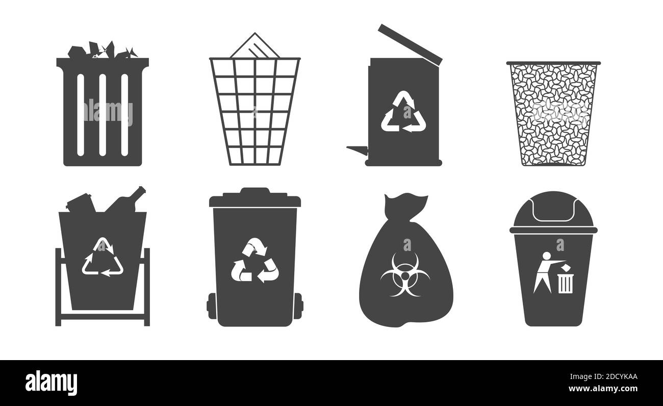 Eight black and white trash cans and trash bins icons. Flat style illustration. Stock Photo