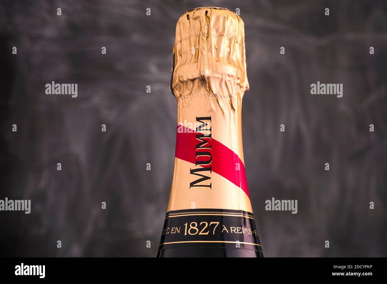 Tambov, Russian Federation - September 07, 2019 Bottleneck of Champagne G.H. Mumm against black background. Stock Photo