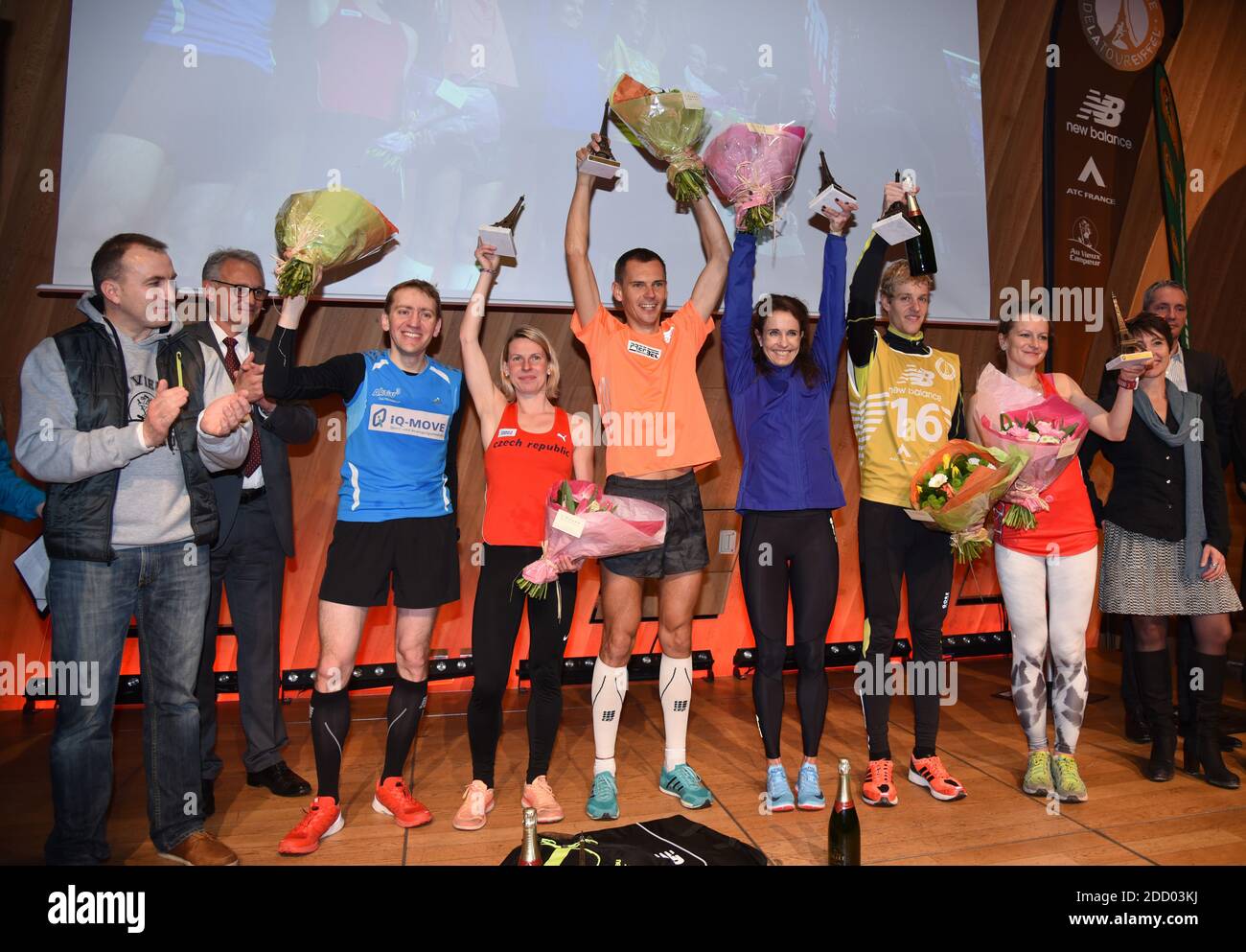 Podium of the Eiffel tower climbing race 'La Verticale de la Tour Eiffel'  with Men winners Piotr Lobodzinski / Pologne in 07:56.67 , Christian Riedl  / Allemagne in 8:12.00 3, Jacob Mayer /