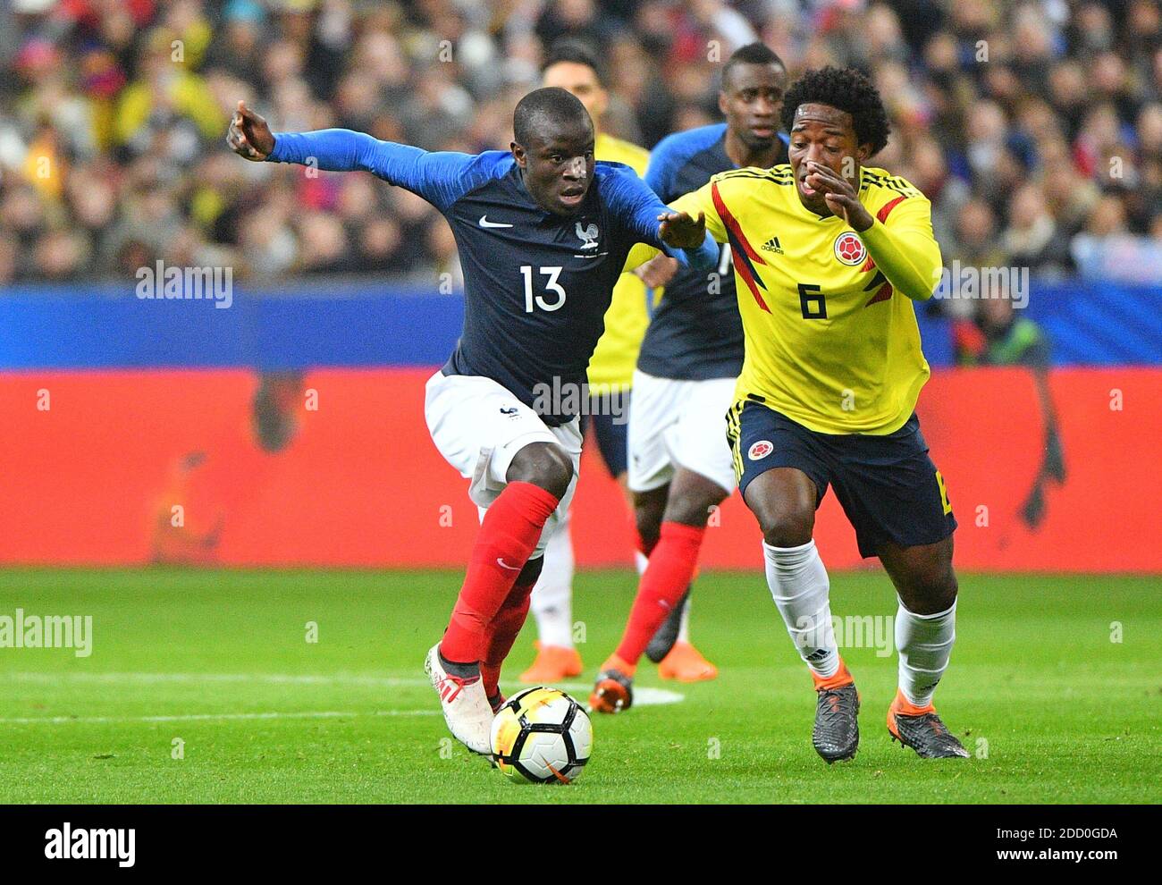 France's N'Golo Kante battling Colombia's James Rodriguez during France v  Colombia friendly football match at the Stade de France stadium in  Saint-Denis, suburb of Paris, France on March 23, 2018. Colombia won