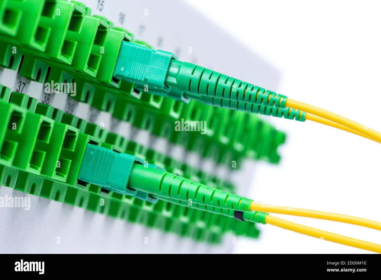 Optical distribution frame with connected patch cord close-up Stock Photo