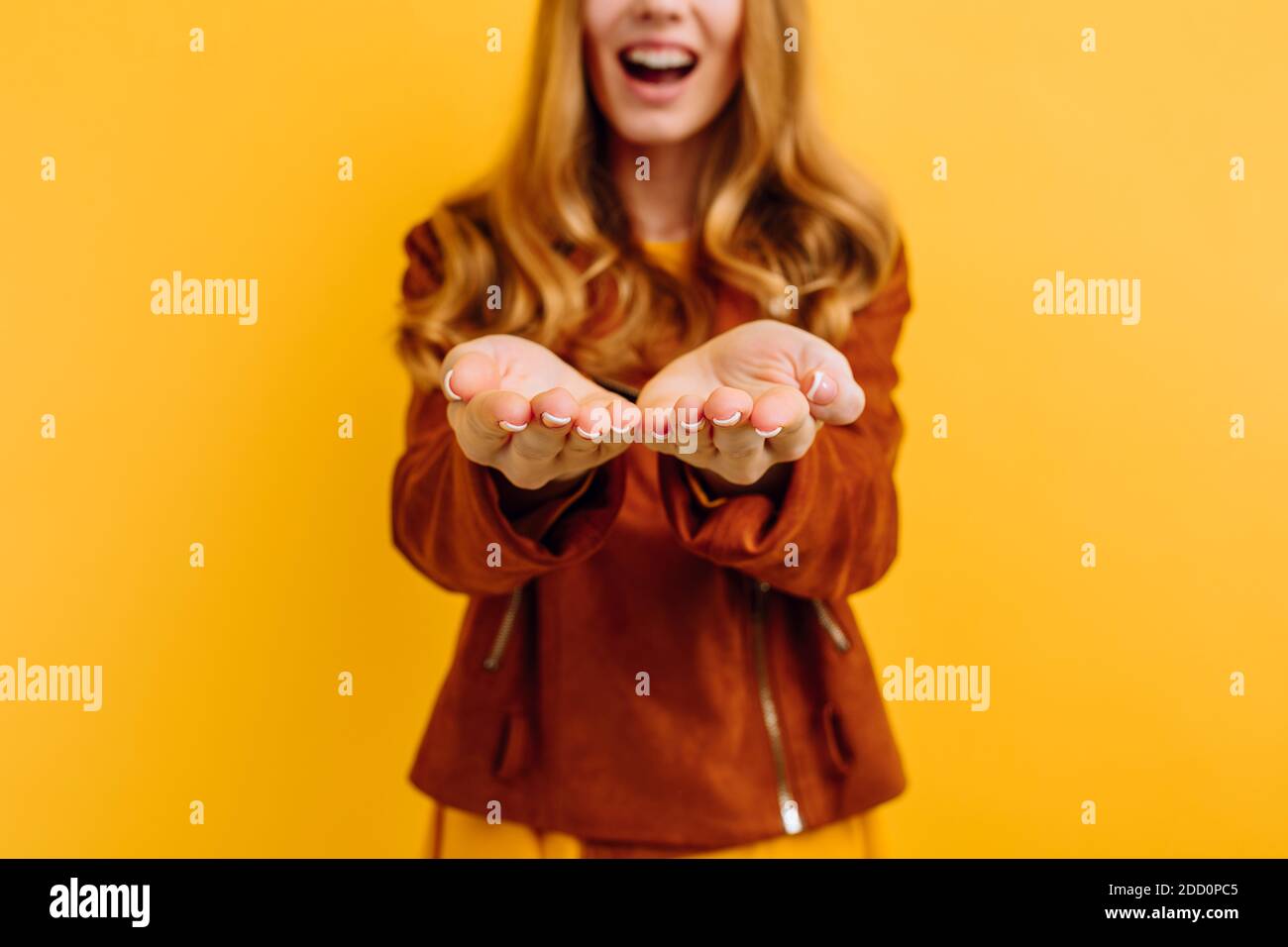 happy smiling beautiful girl, in a bright yellow dress and autumn ...