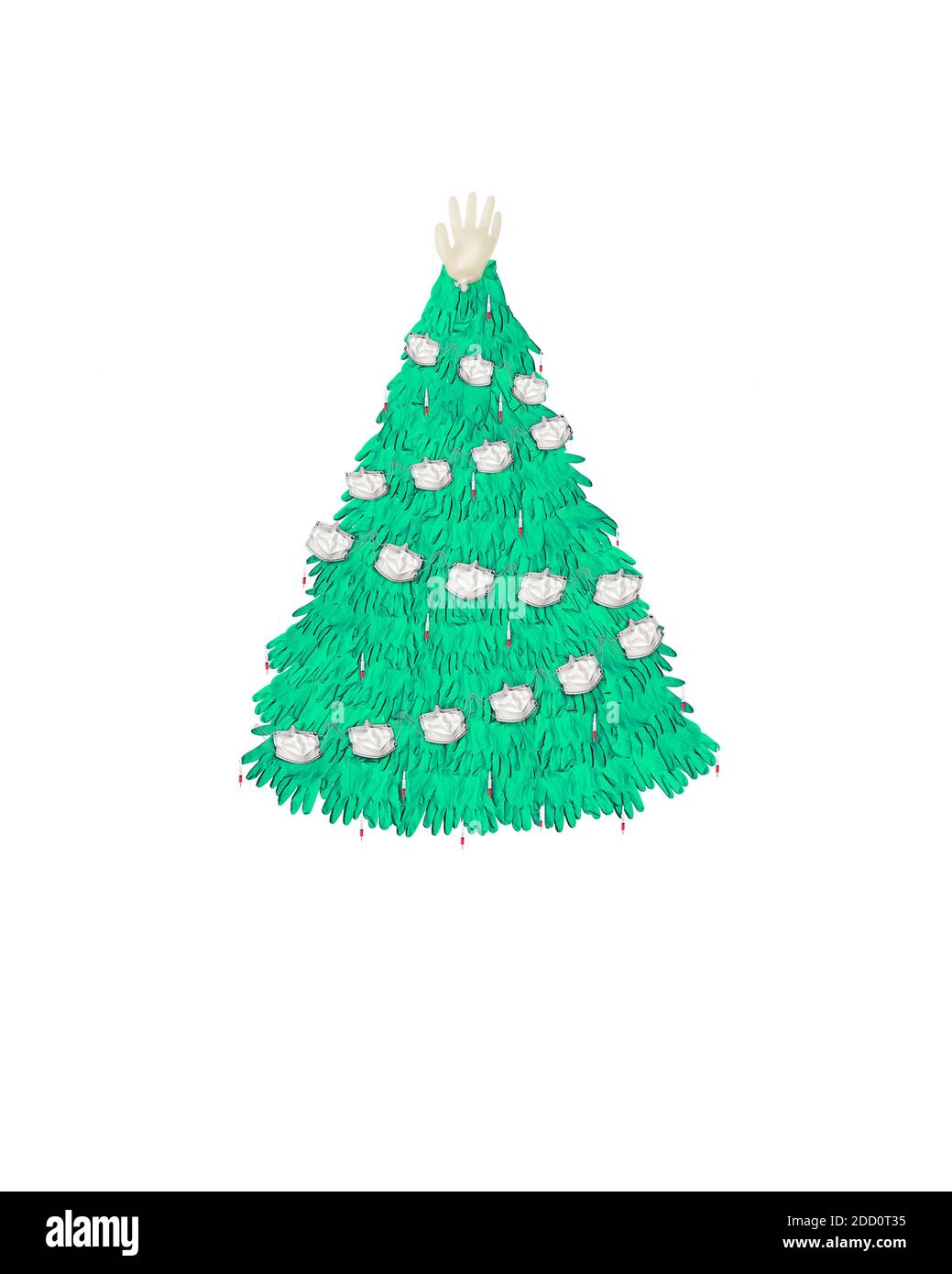 Covid Christmas Tree made from disposable gloves facemasks and syringes on white background Stock Photo