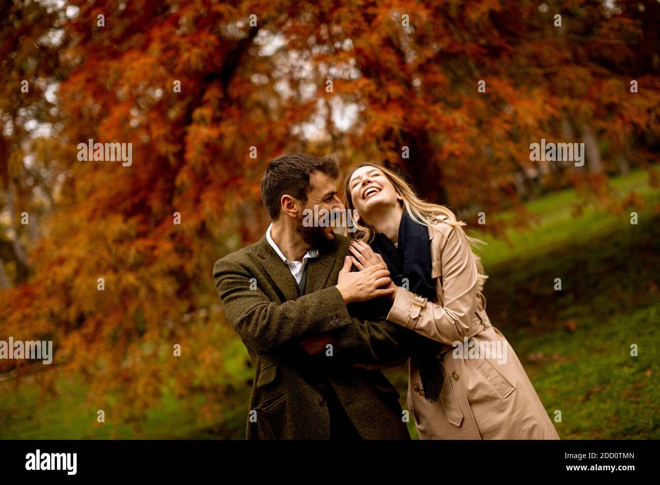 Handsome young couple in the autumn park Stock Photo - Alamy