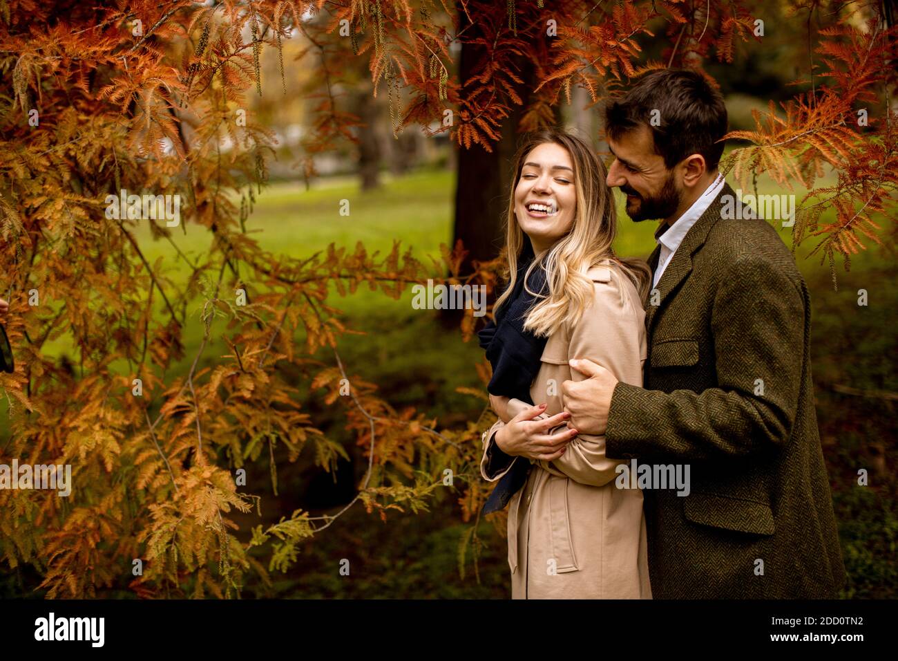 Handsome young couple in the autumn park Stock Photo - Alamy