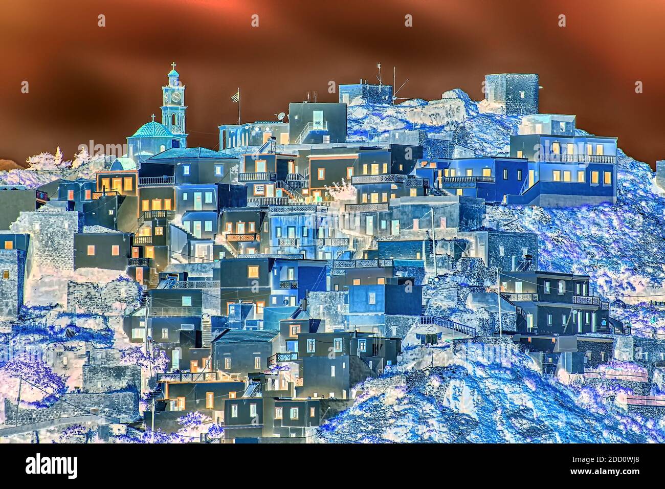 Karpaphos a hill town in Greece. Colours have been inverted in this image. Stock Photo
