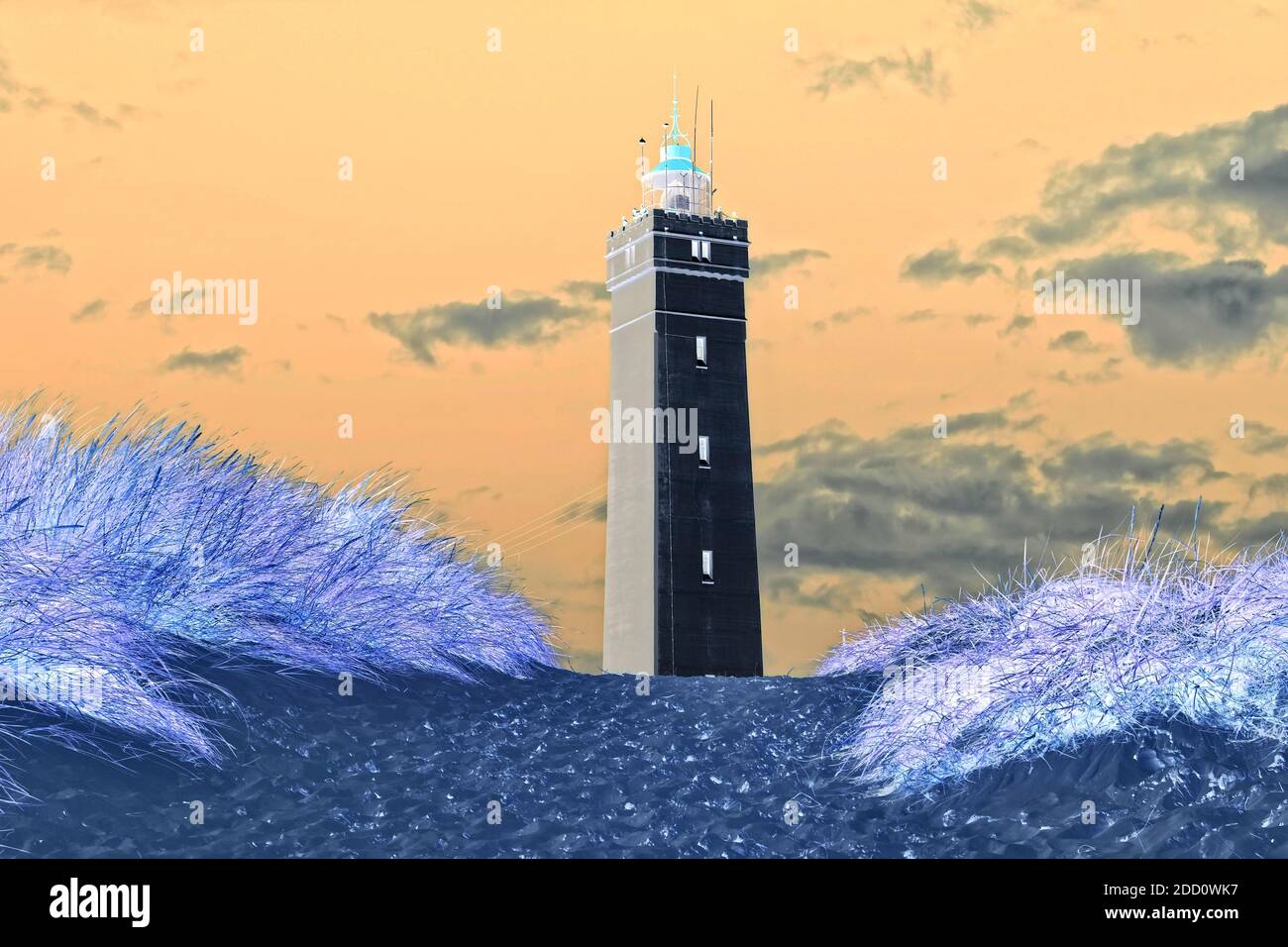 Atmospheric image of a lighthouse in Denmark on the north sea coast.  Colour inversions and other modifications have been made to the original image. Stock Photo
