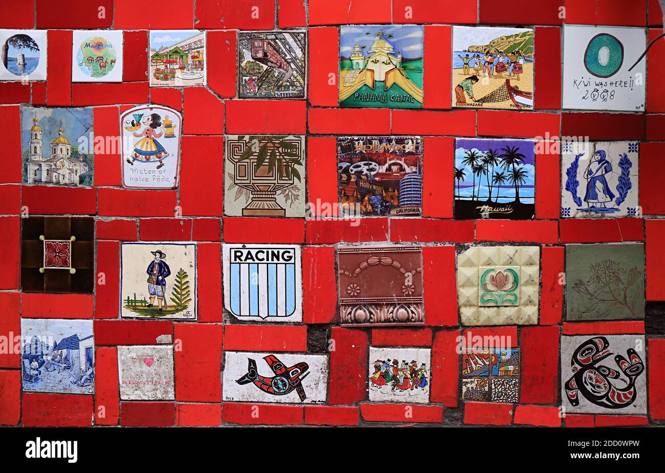 The wall of Selaron Stairway covered with plenty of symbolic tiles collected from over 60 countries around the world, Rio de Janeiro, Brazil Stock Photo