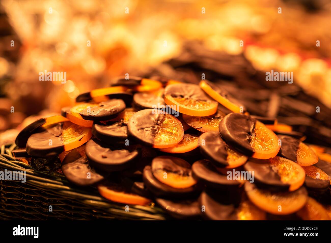 Candied Oranges Dipped in Chocolate on Market Food Stall Stock Photo