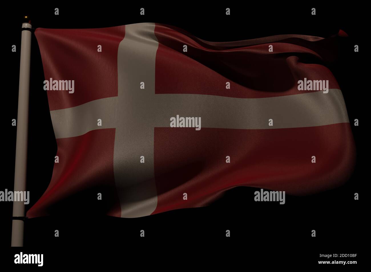 The flag of Denmark waving on a pole with pitch black background and sparse lighting. 3D render. Stock Photo