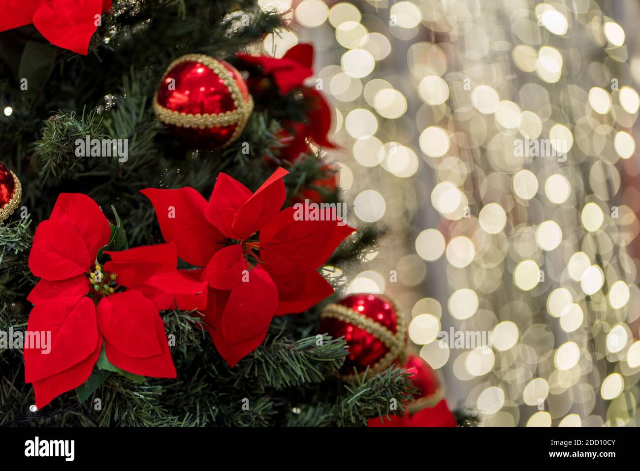 Decorated Christmas Tree With Blurred Lights Background Stock Photo