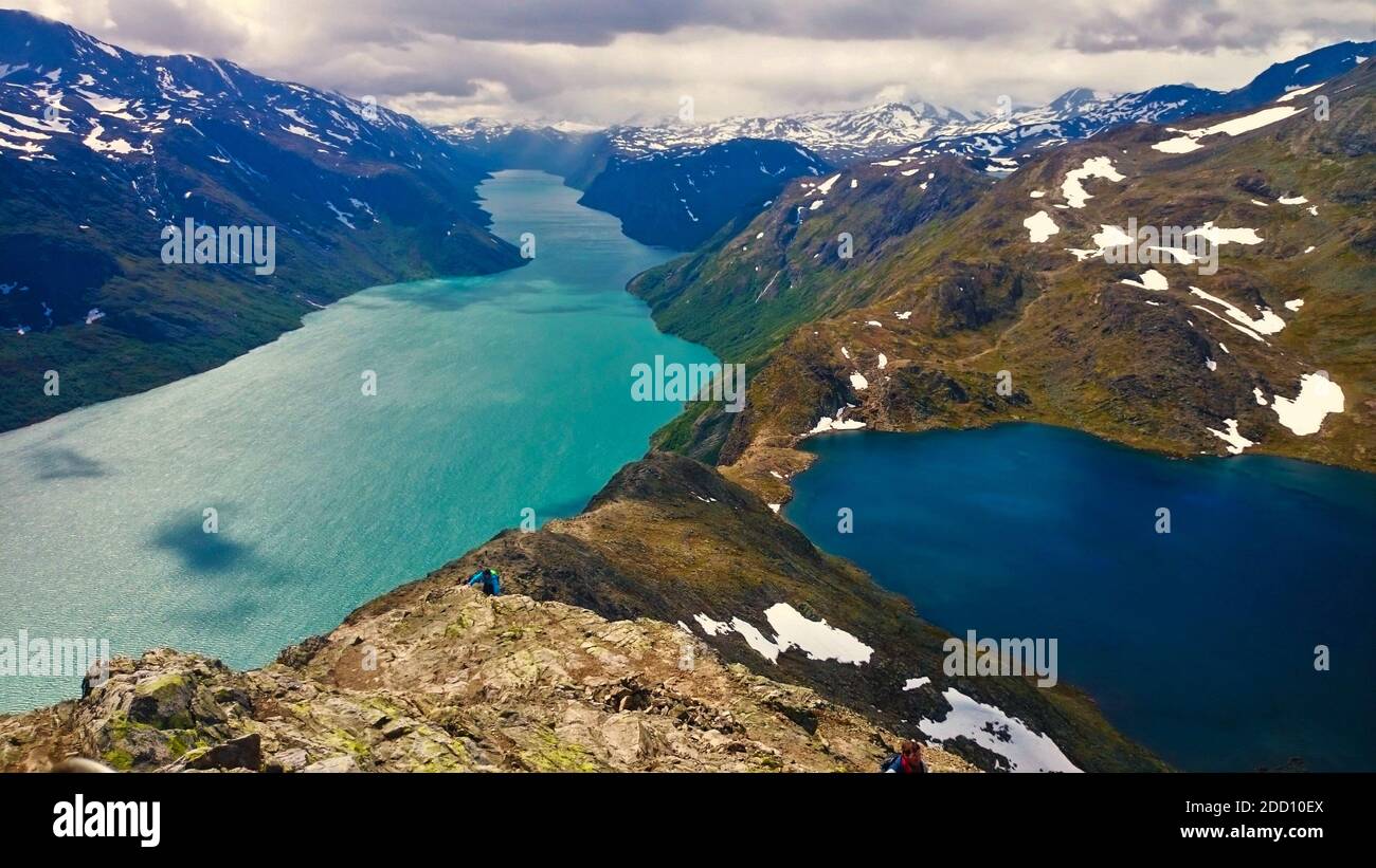 Classic View From The Besseggen Ridge In Norway During A Summer Hike classic-view-from-the-besseggen-ridge-in-norway-during-a-summer-hike