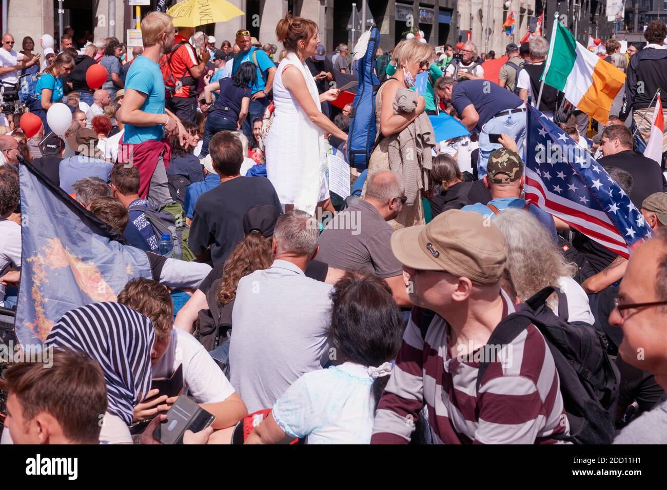 Berlin, Germany, August 29, 2020: Corona denial demonstration, Huge crowd of 40000 people at the demonstration against the restrictions due to the Cor Stock Photo