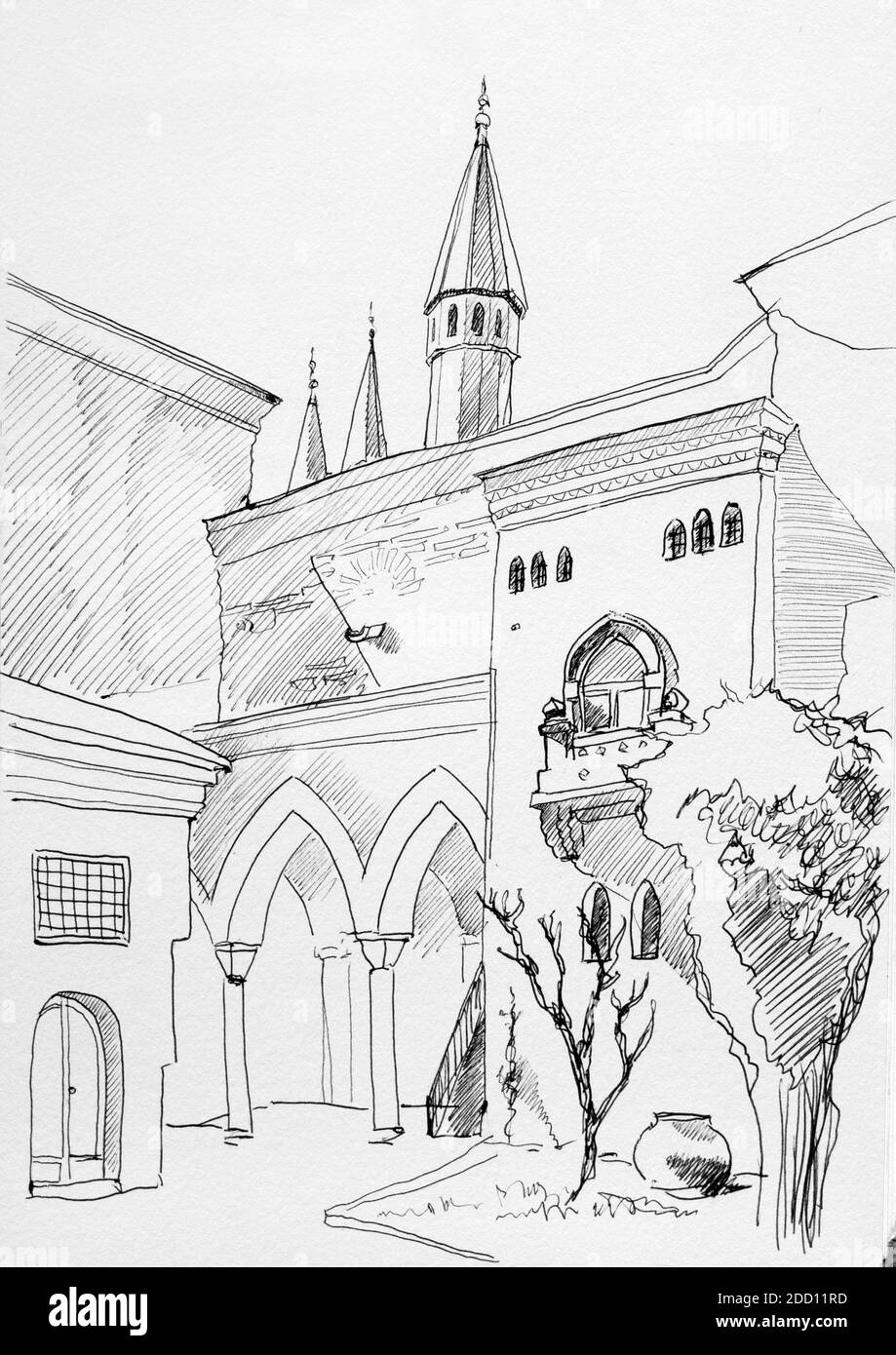 Ink sketch of Istanbul Topkapi museum inner yard with towers, columns and old walls Stock Photo