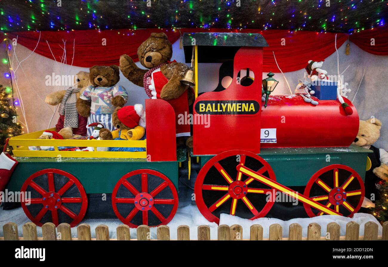 Toy bears of a train marked Ballymena, at the Santa's Grotto in Hillmount Garden Centre in Belfast. Stock Photo