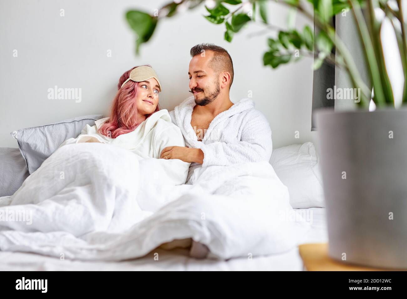 Couple Enjoy Rest In Bed Together Relax Time Caucasian Married Couple