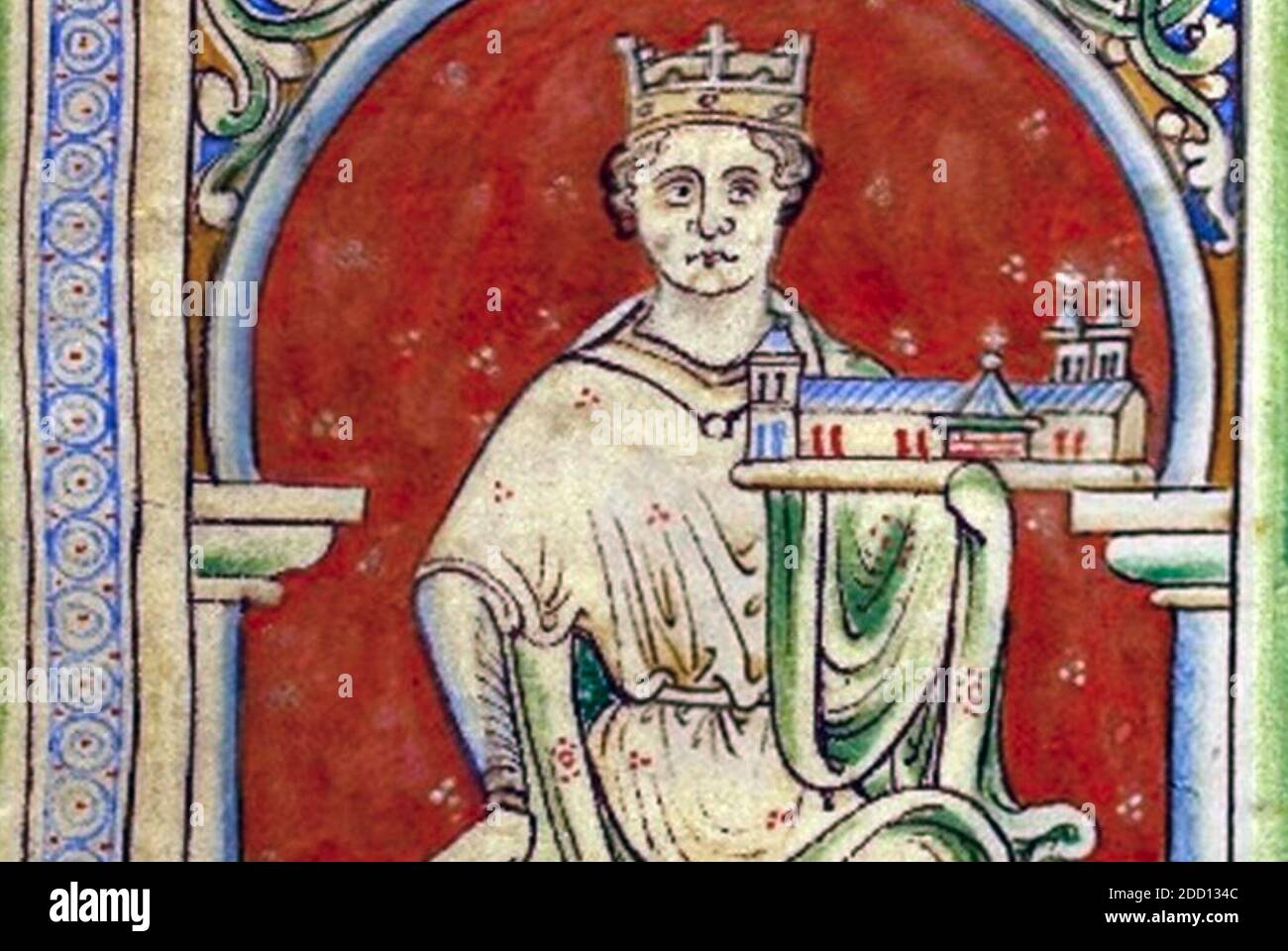 KING JOHN OF ENGLAND (1166-1216) shown here with his Cistercian Abbey of Beaulieu from Matthew Paris's Historia Anglorum, produced between 1250 and about 1255 Stock Photo