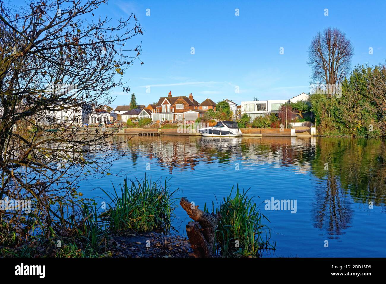 Riverside homes by the River Thames at Shepperton on a sunny winters