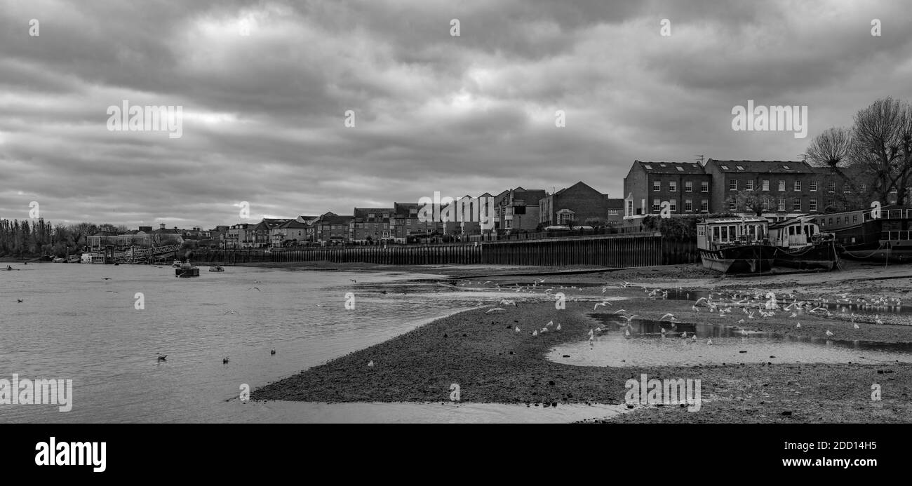 Corney Reach from Chiswick Mall at low tide Stock Photo