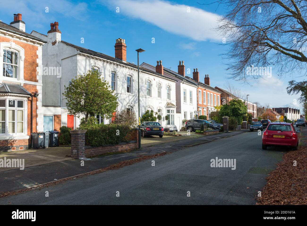 Wentworth Road in the leafy and desirable Birmingham suburb of Harborne Stock Photo