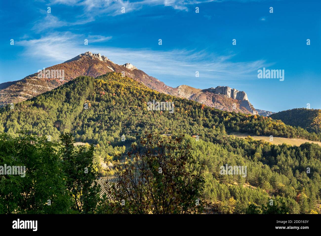 French countryside. Col de Rousset. Panoramic view of the heights of the Vercors, the marly hills and the valley Val de Drome, France Stock Photo