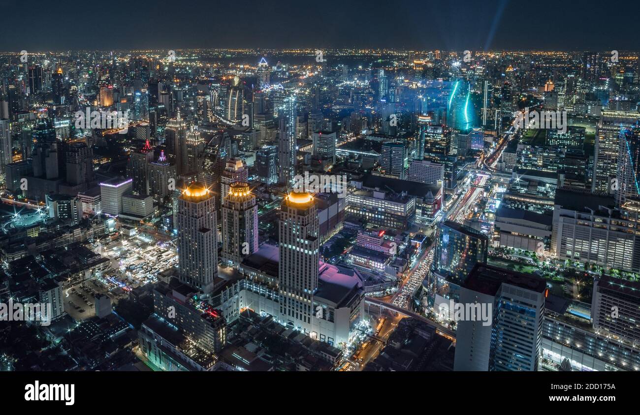 Aerial Panoramic Cityscape View of Bangkok with Street Lights at Night ...