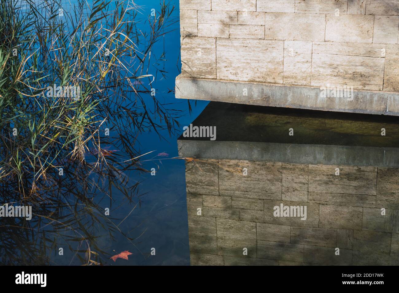 lakehouse reflection of water surface in catalan lake with reeds Stock Photo