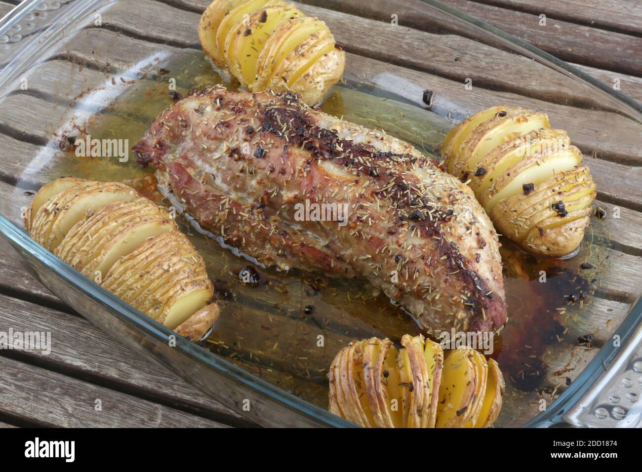 Oven cooked pork fillet with potatoes sliced Stock Photo Alamy