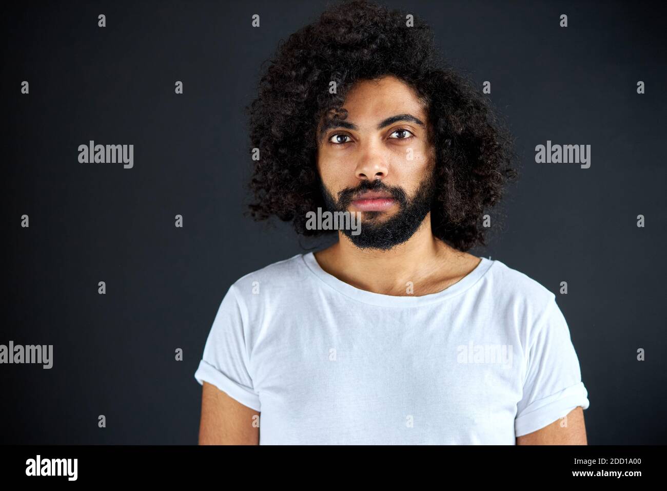 confident curly guy in casual wear look at camera isolated over black background, seriously looking Stock Photo