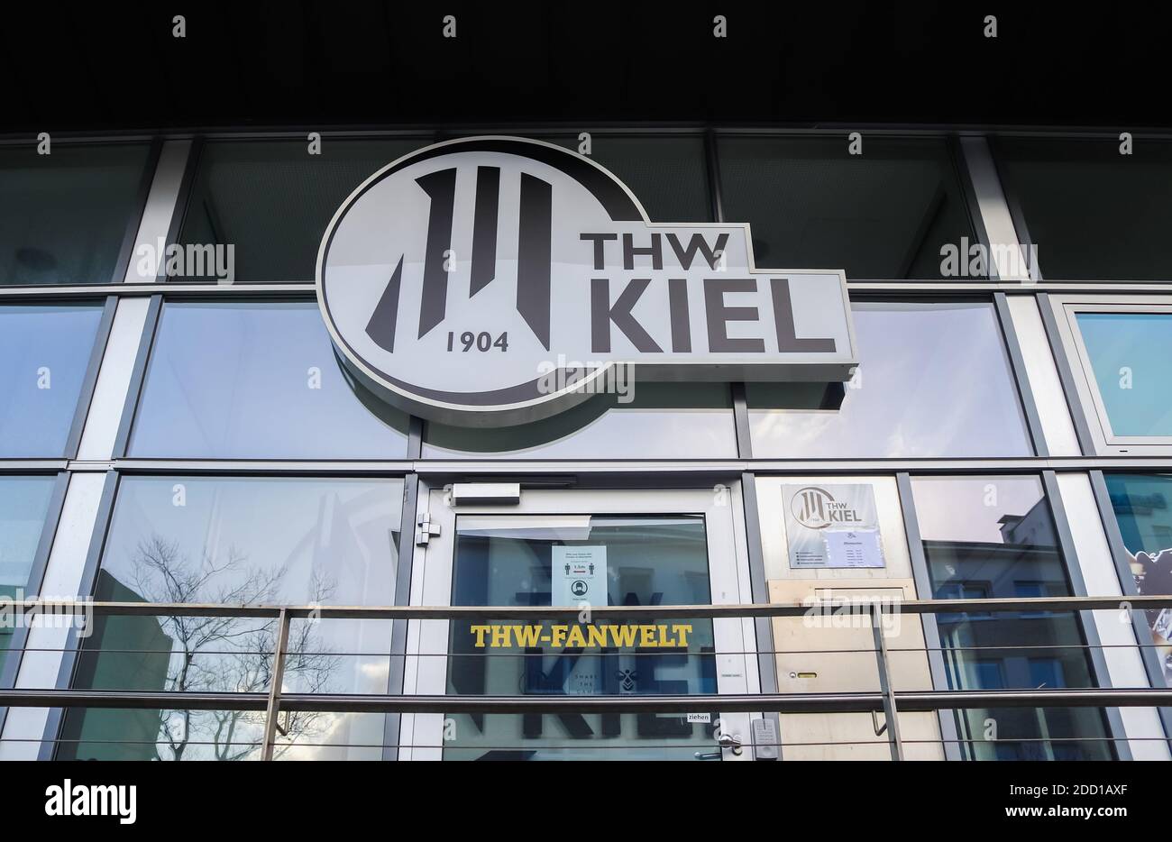 Front view at the arena of the german bundesliga handball club THW Kiel with trophys and the fan shop Stock Photo