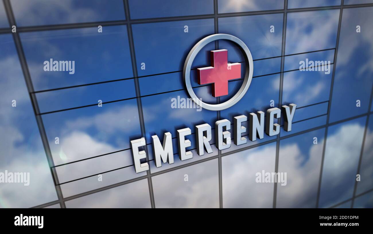 Emergency and hospital on glass building. Mirrored sky and city modern facade. Health, healthcare, medicine, medical services, covid-19 pandeic and cl Stock Photo