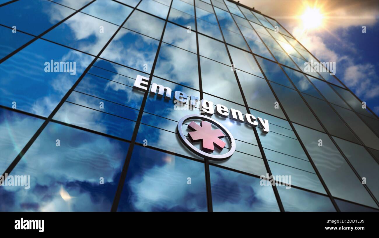 Emergency and hospital on glass building. Mirrored sky and city modern facade. Health, healthcare, medicine, medical services, covid-19 pandeic and cl Stock Photo