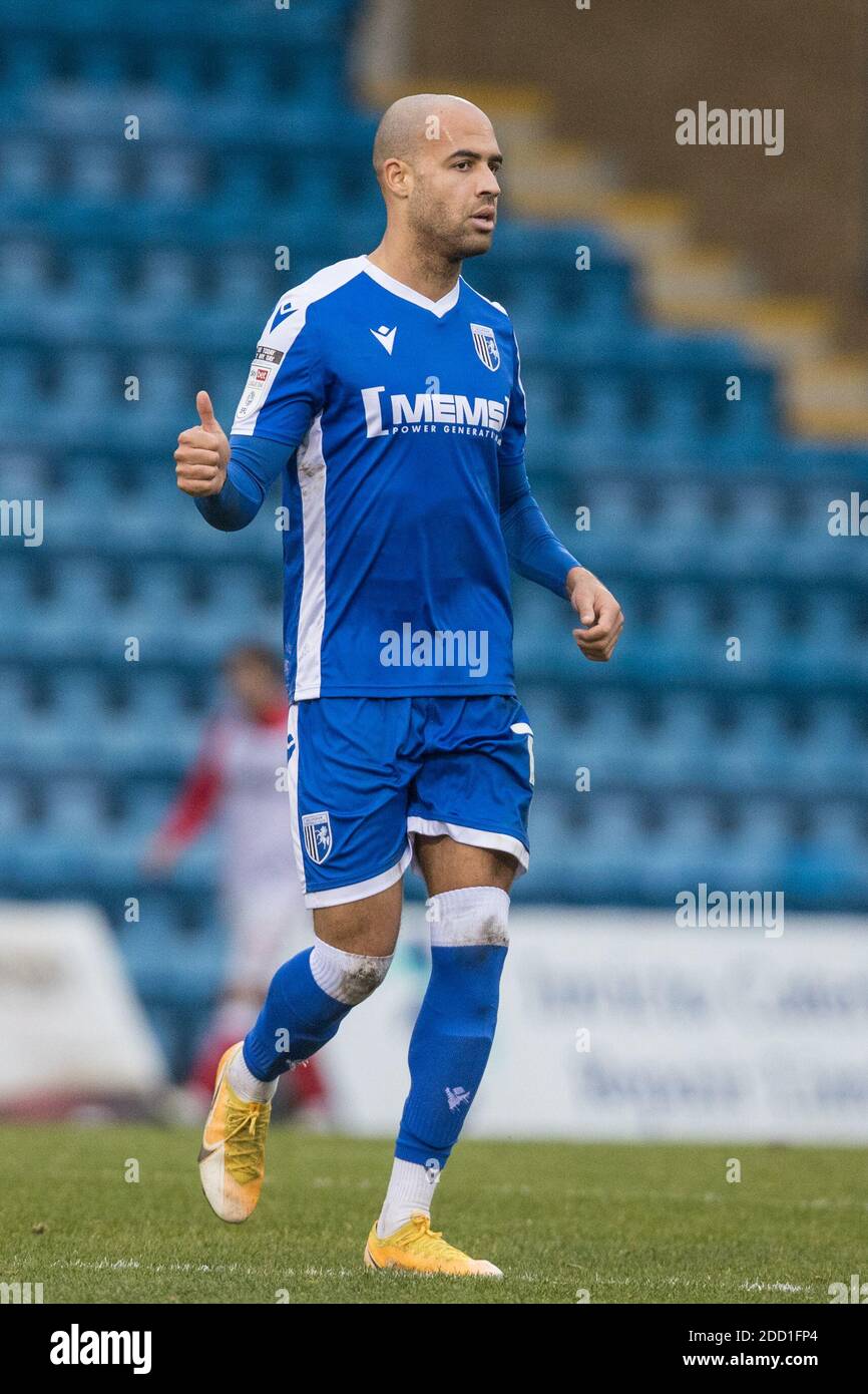 CELEBRATION: Jordan Graham #10 of Gillingham scores a goal 1-0 and ...