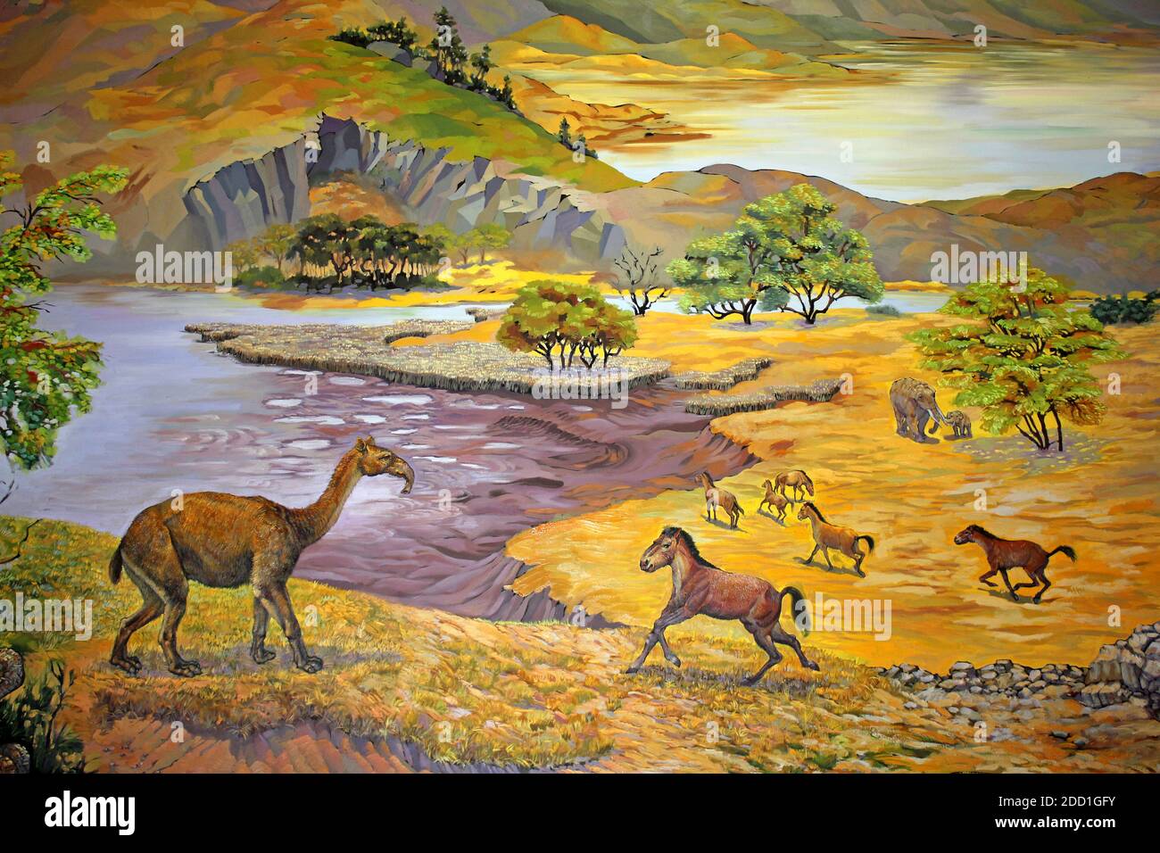 Pleistocene Malls - Equus (Amerhippus) andium and Macrauchenia Stock Photo