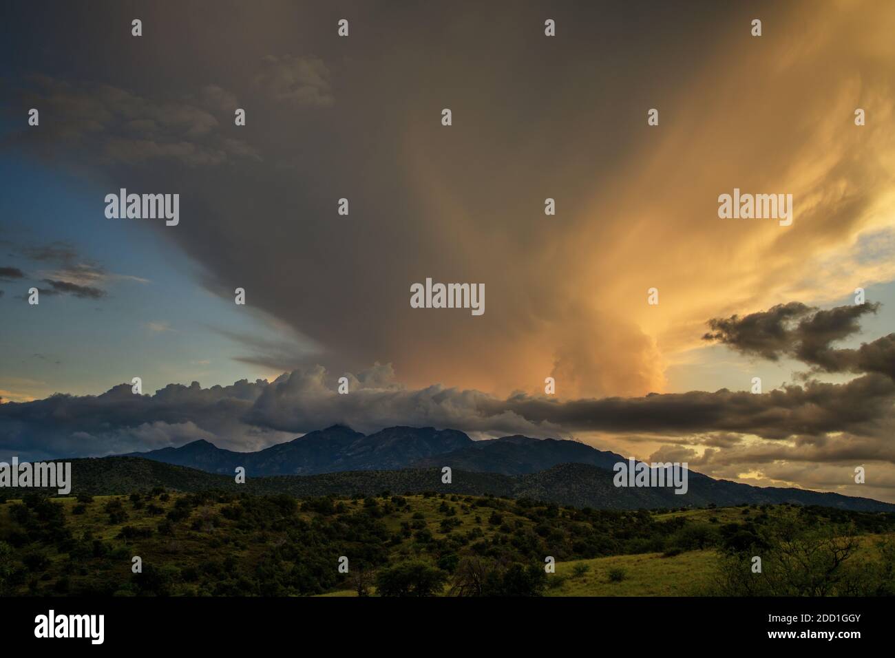 An August monsoon sky rises above the Santa Rita Mountains, Coronado National Forest, Greaterville, Arizona, USA. Stock Photo