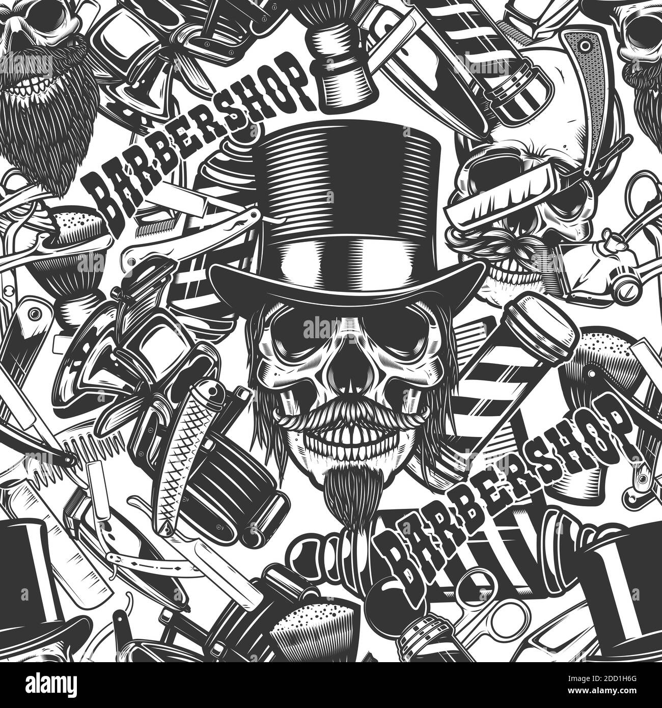 Seamless pattern with barbershop design elements in monochrome style