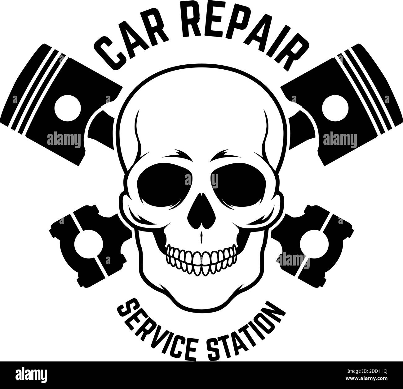 Car repair. Service station. Emblem template with skull and crossed pistons. Design element for logo, emblem, sign, poster, card, banner. Vector illus Stock Vector