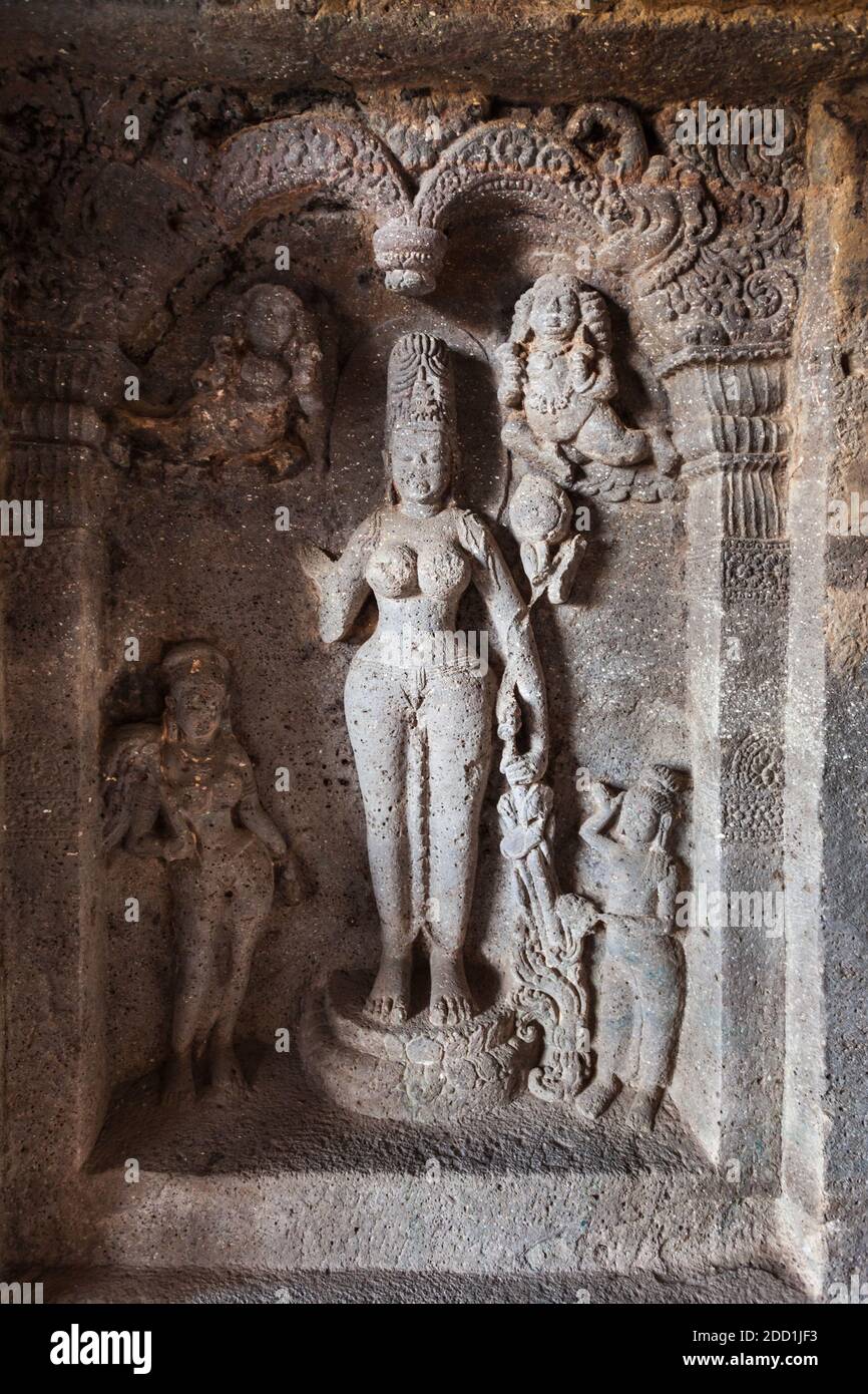 Relief carvings at Kailasa or Kailash Temple at the Ellora Caves in ...