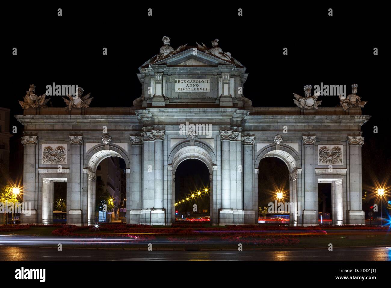 The Gate of Alcala (or Puerta de Alcala, in Spanish), probably the most impressive ached gate that can be seen in Madrid, Comunidad de Madrid, Spain, Stock Photo