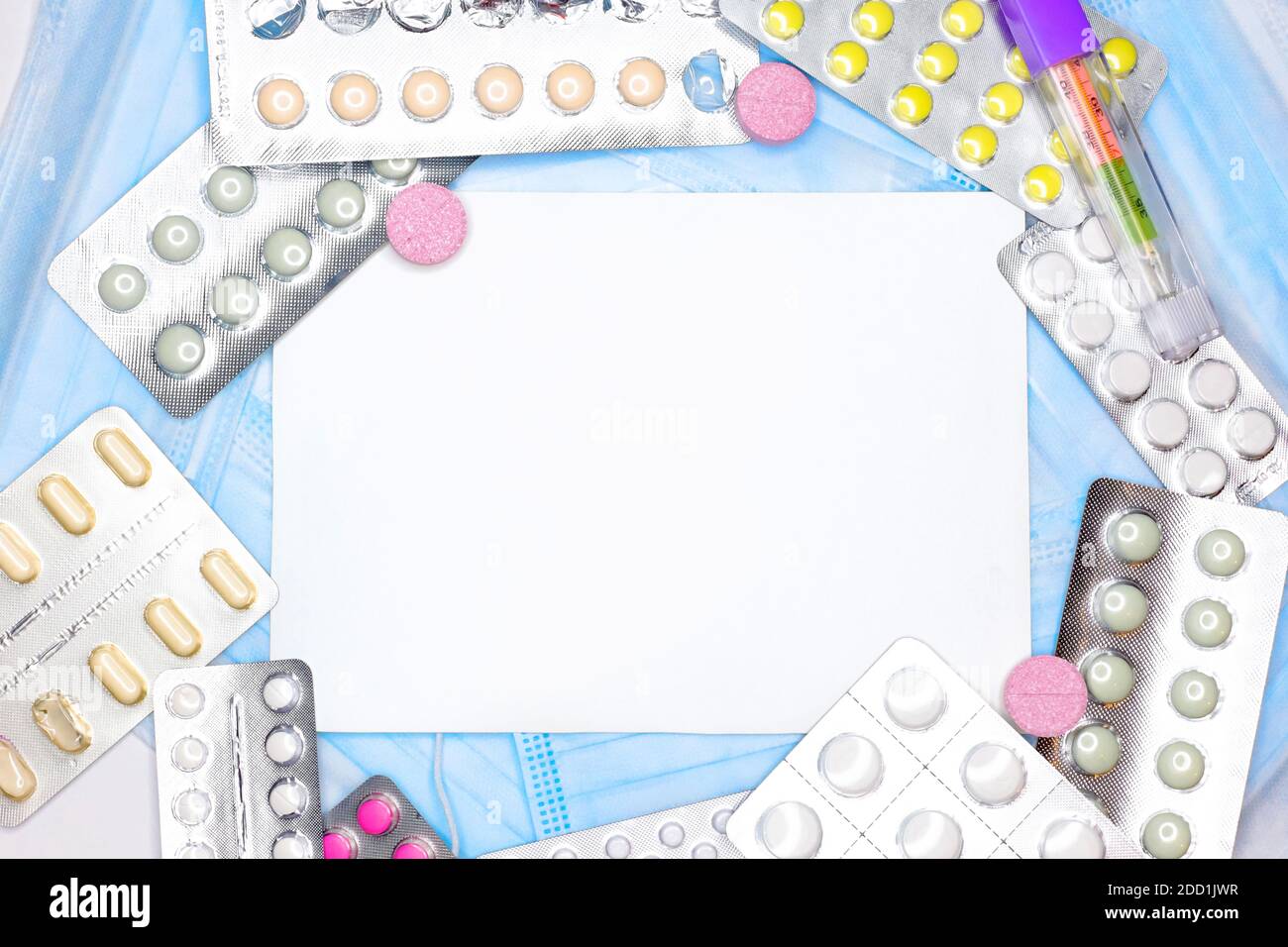 Medical layout with colored pills and copyspace Stock Photo - Alamy
