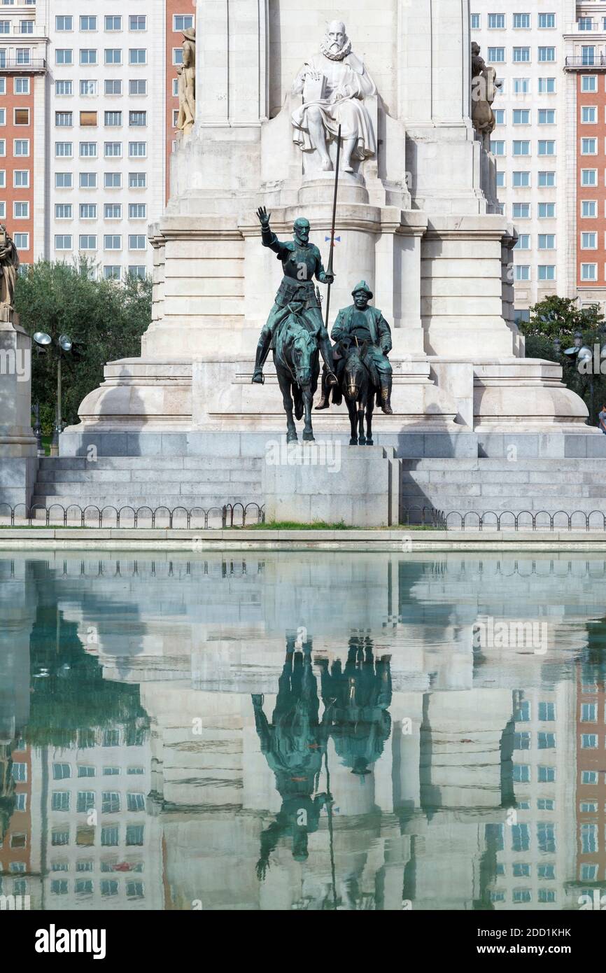 Don Quijote, Sancho Panza and the writer Miguel de Cervantes, as seen at the Plaza de Espana (Spain Square) in Madrid, Spain, Europe. Stock Photo