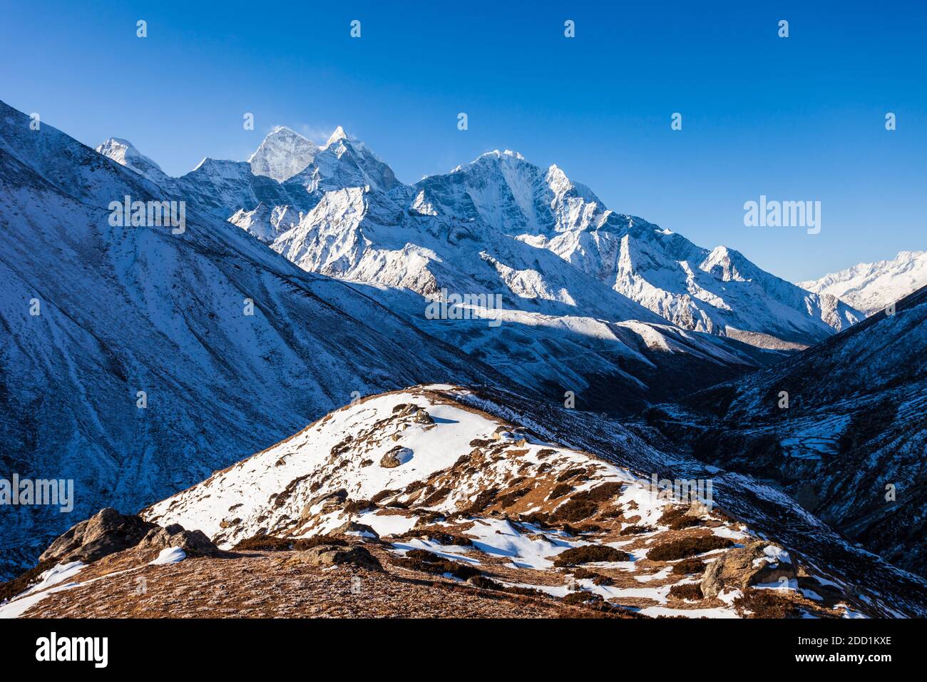 Thamserku and Kangtega mountain landscape in Everest or Khumbu region in Himalaya in Nepal Stock Photo