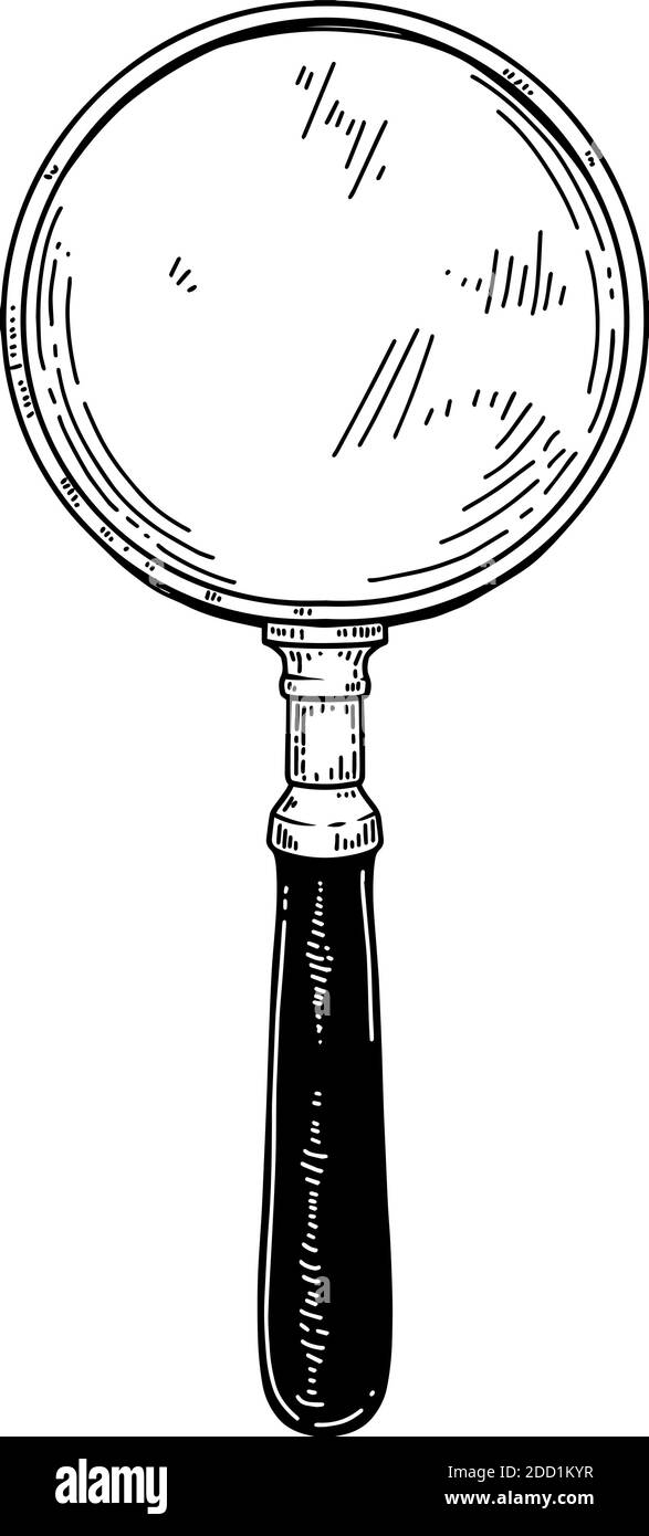 Illustration of magnifier in vintage engraving style. Design element for logo, emblem, sign, poster, card, banner. Vector illustration Stock Vector