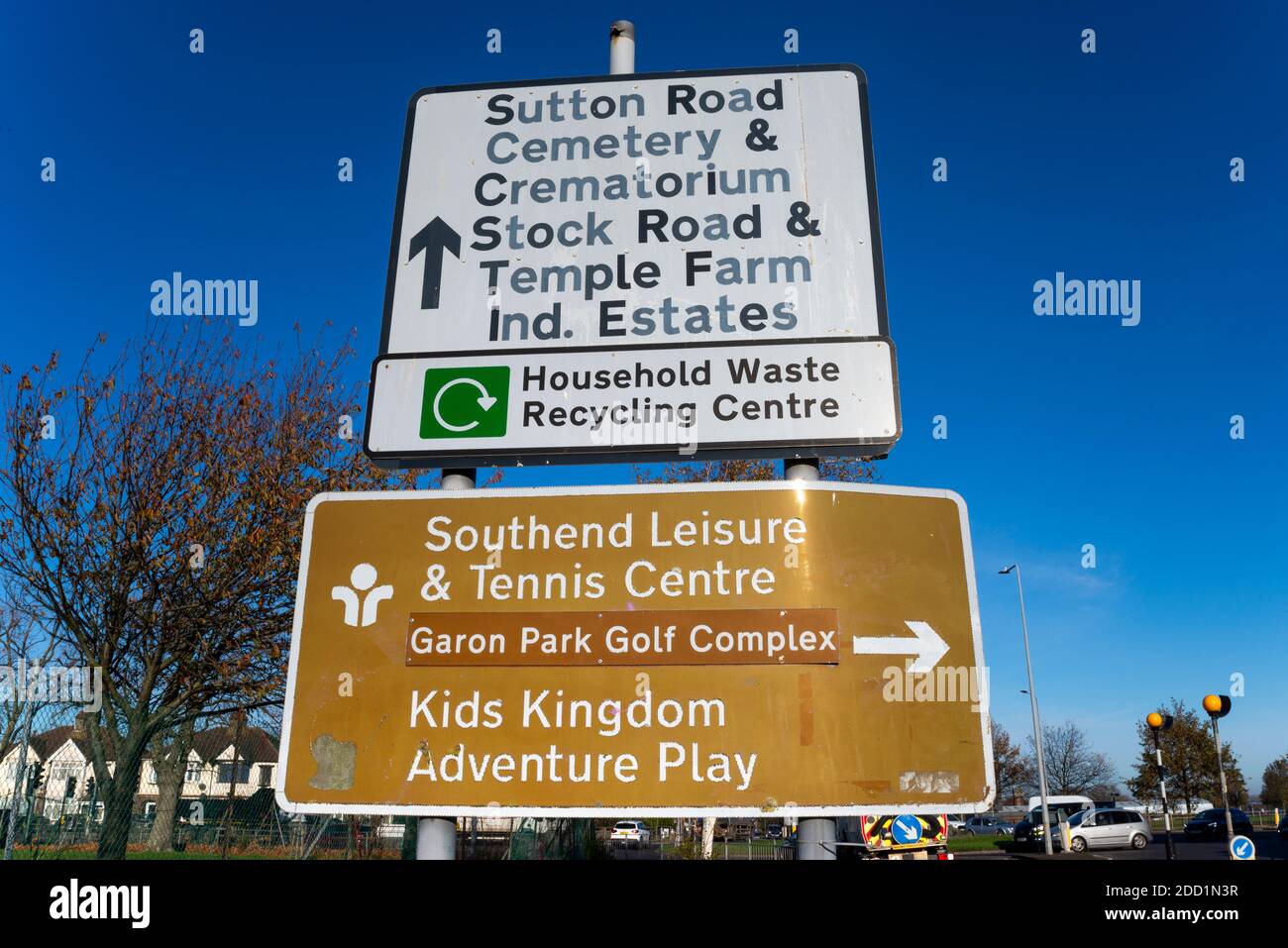 Road sign for Sutton Road, cemetery, crematorium, Stock Road, Temple Farm Industrial Estate, Household waste recycling centre Stock Photo