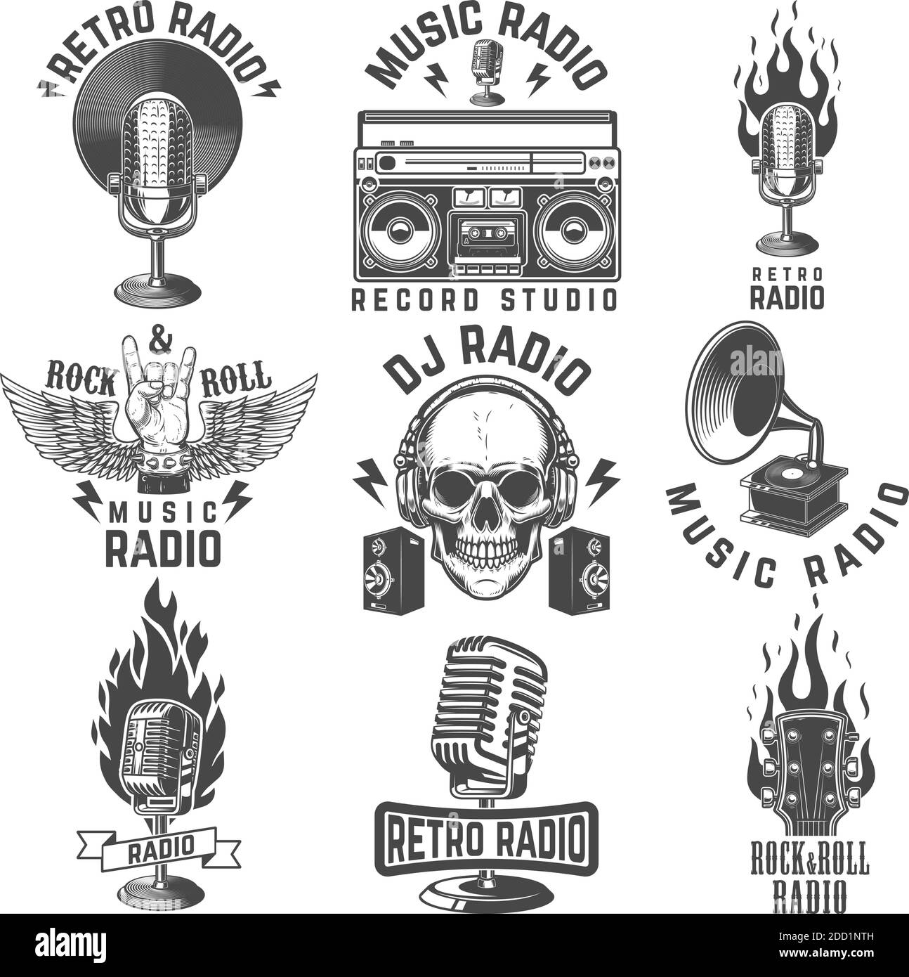 Radio labels. Retro radio, record studio, rock and roll radio emblems ...