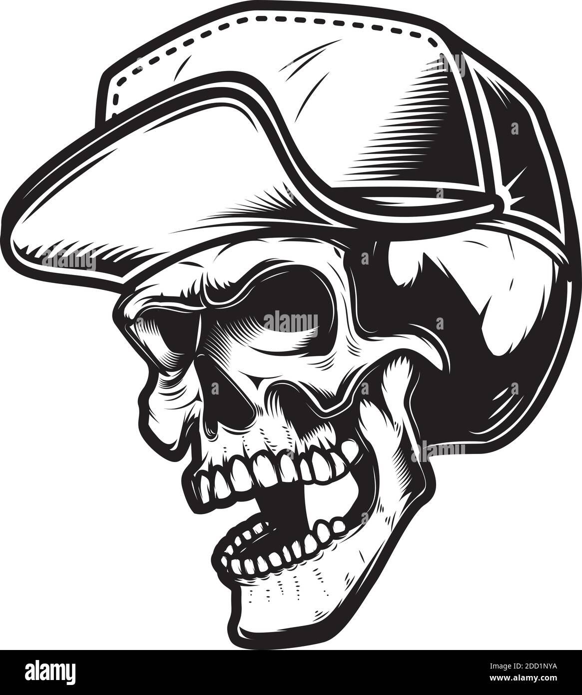 Illustration of skull in baseball cap in monochrome style. Design ...