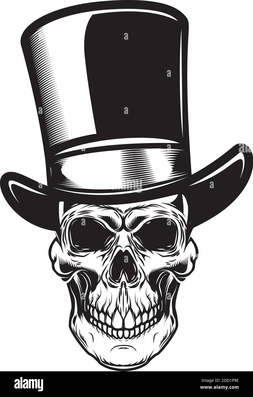 Illustration of skull in retro hat in engraving style. Design element ...