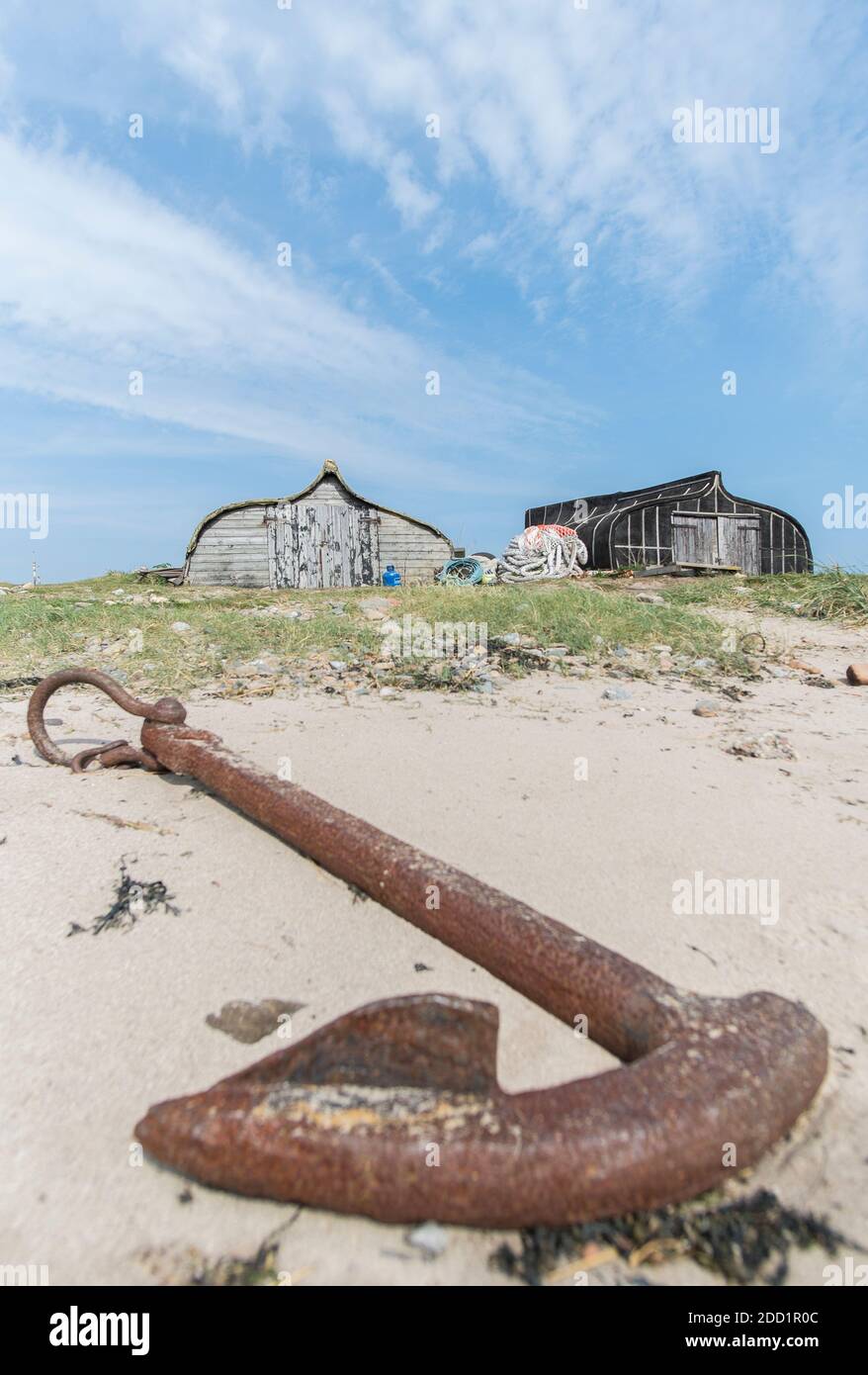 An anchor rests in the sand in front of upturned herring boats now used as fishing sheds on the Holy island of Lindisfarne, England. Stock Photo