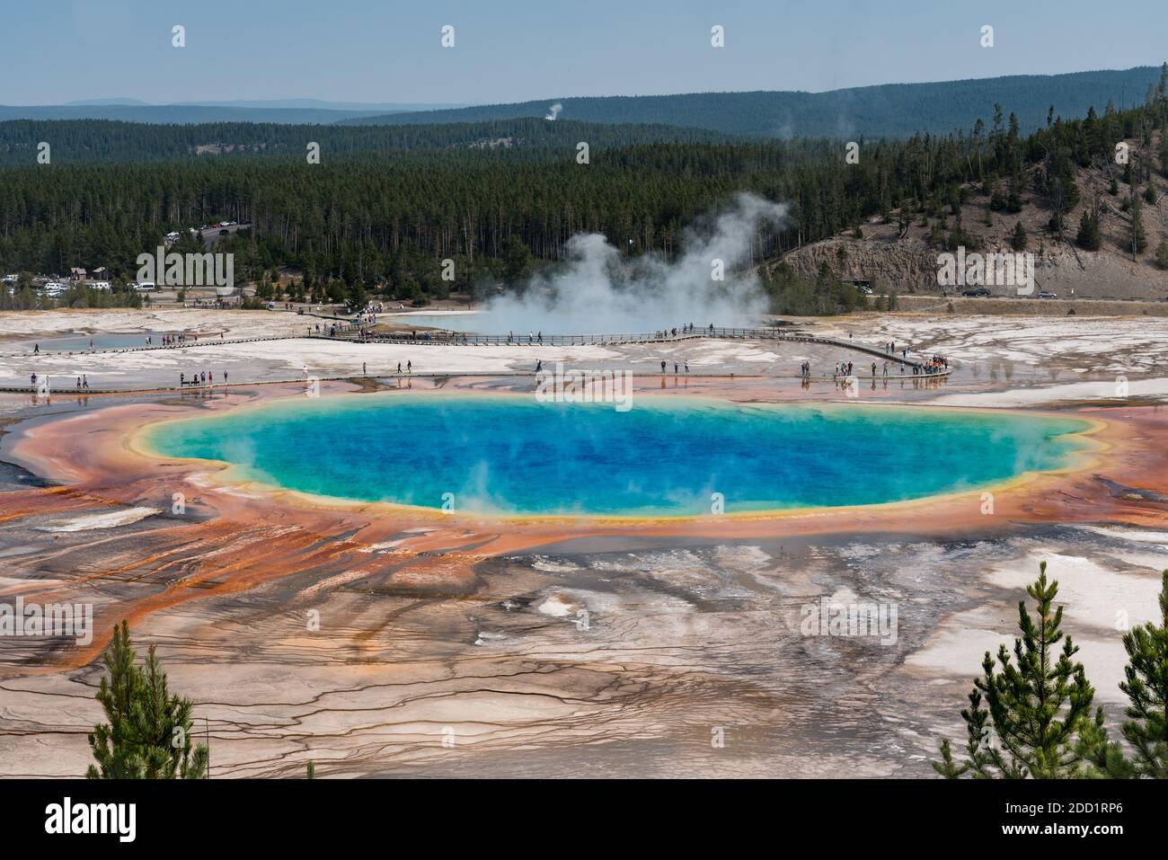 The Grand Prismatic Spring and Excelsior Geyser in the Midway Geyser Basin in Yellowstone National Park, Wyoming, USA. Stock Photo